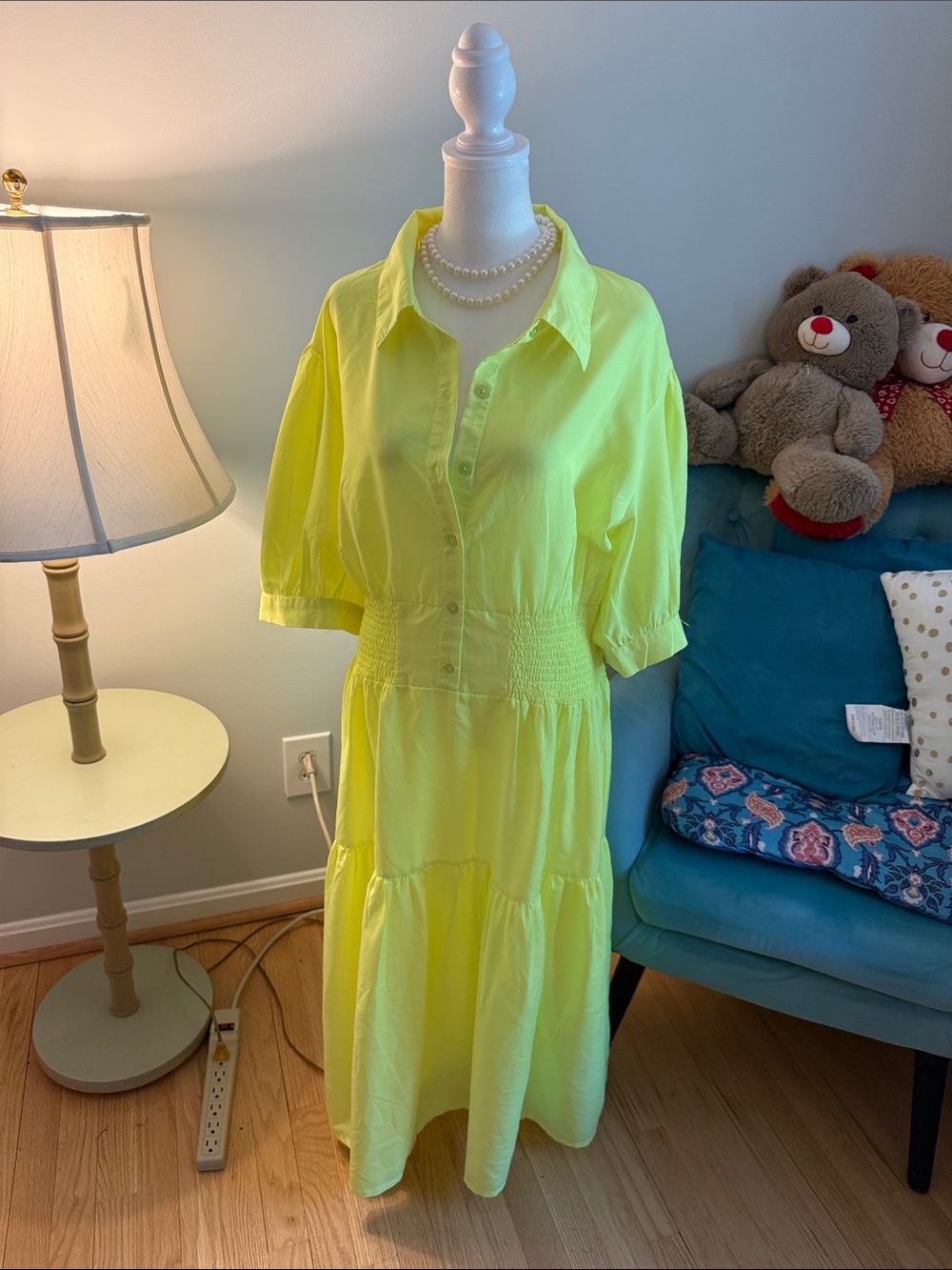 Neon Yellow Button-Front Smocked Waist Midi Dress